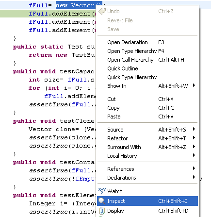 VectorTest.java editor with selected breakpoint line showing context menu