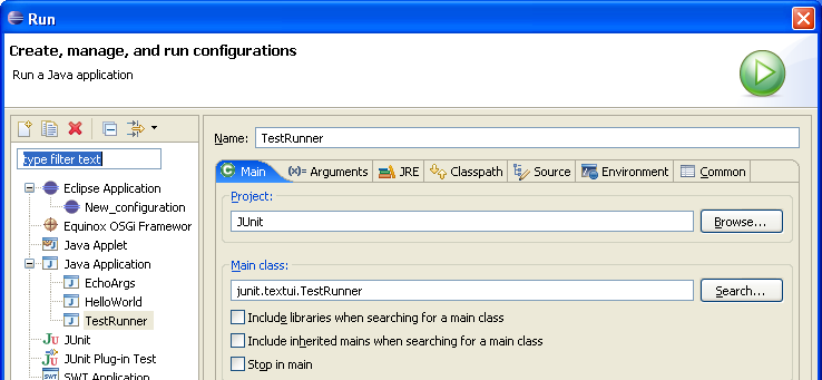 Launch configuration dialog showing the Main tab