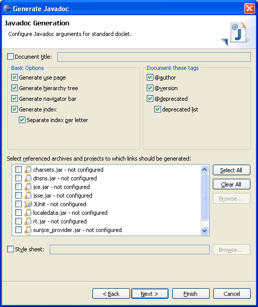Javadoc generation wizard showing the page for specifying arguments for the standard doclet