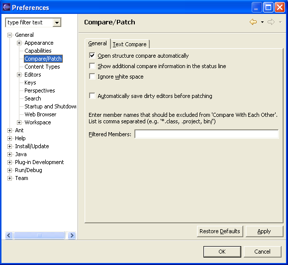 Compare preference page