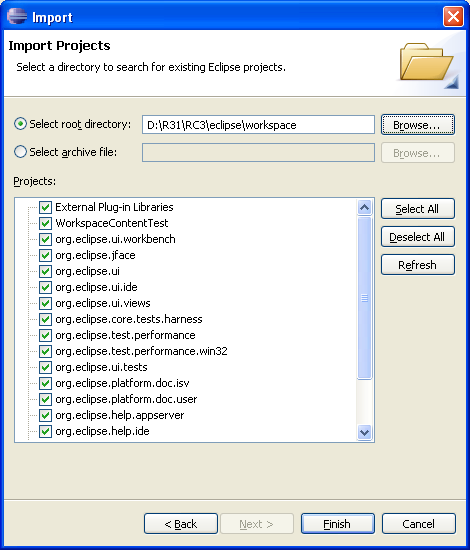 Existing project import wizard page