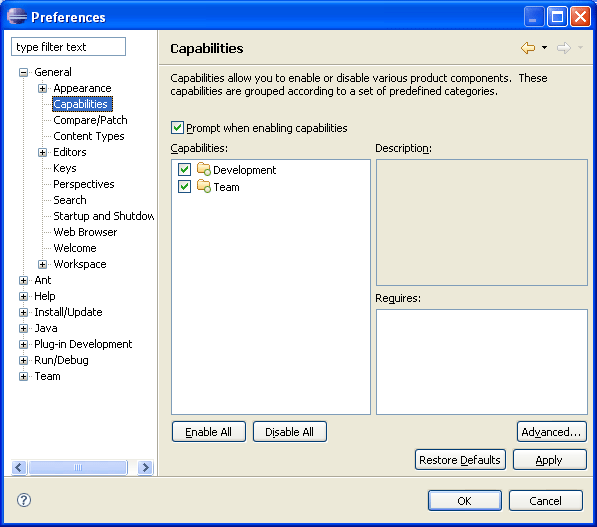Image of Capabilities Preference page