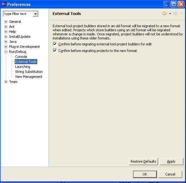 External Tools preference page