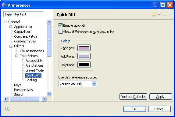 Image of the Quick Diff preference page