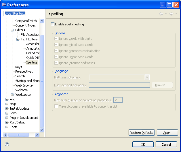 Image of the Spelling preference page