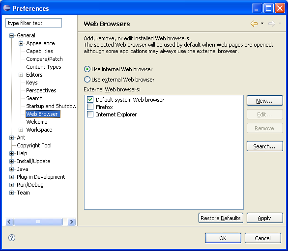 Image of the Web Browser preference page
